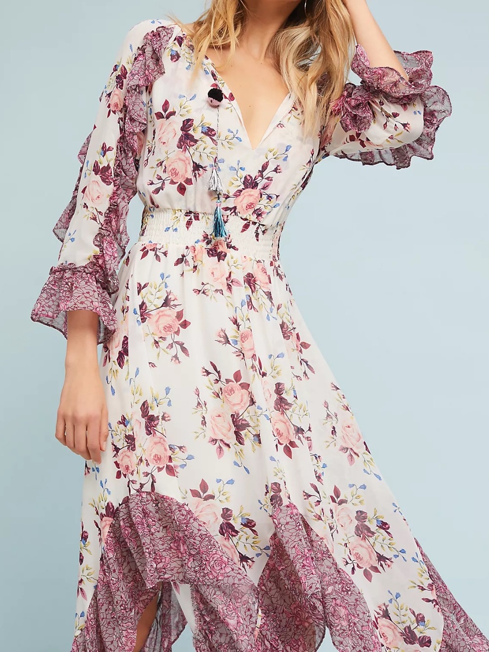 Misa Los Angeles Cream Floral Dress with Pink Roses and Pom Tassel